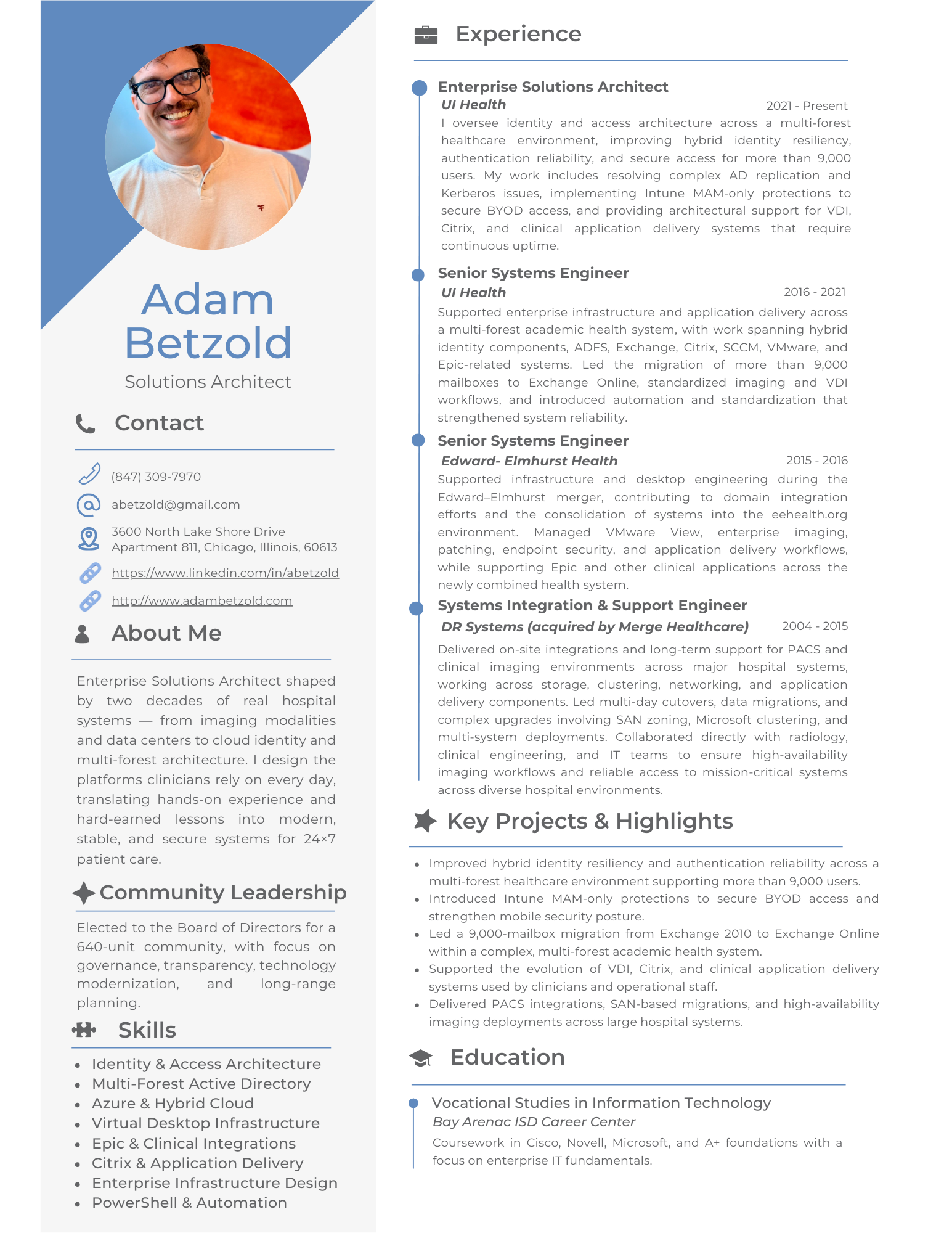 Resume for Adam Betzold, Enterprise Solutions Architect